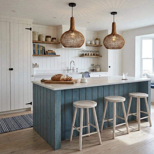 Nkuku Beru Rattan Pendant Light in Coastal Kitchen Island
