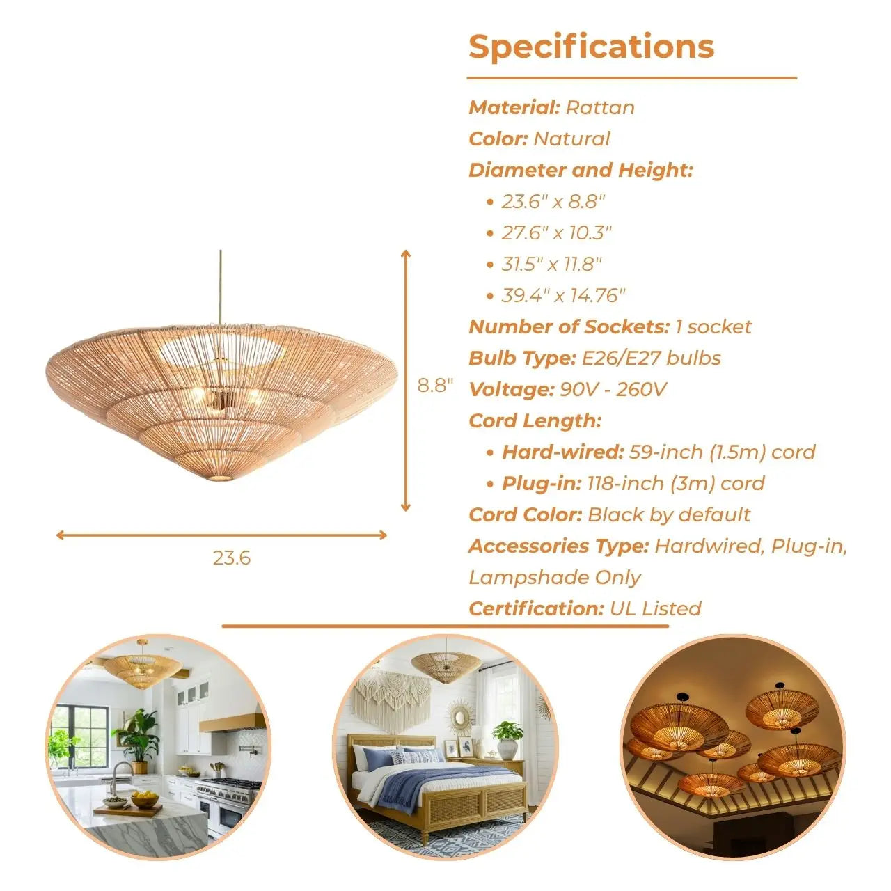 Nordic Umbrella Rattan Pendant Light's specifications