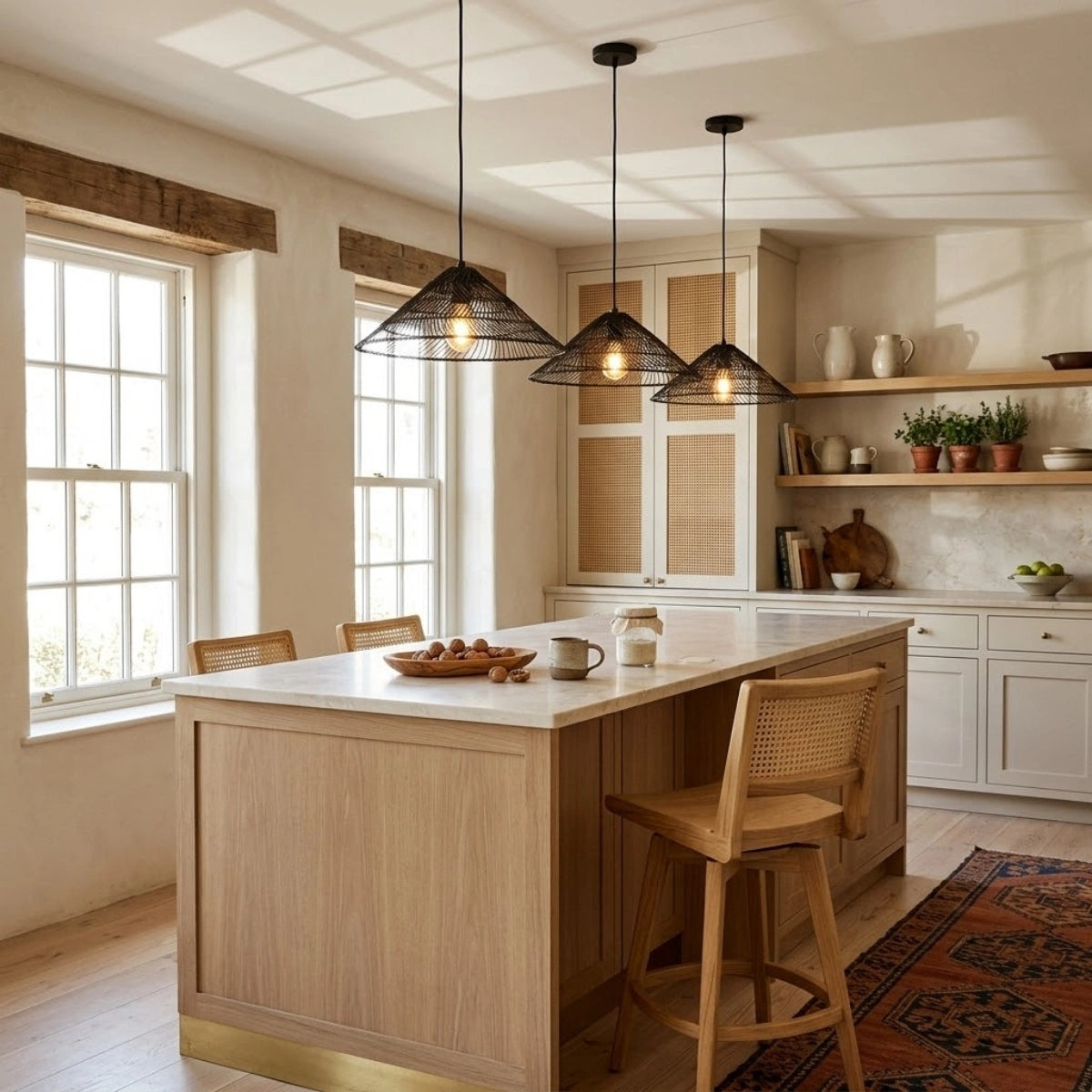 Nova Black Rattan Pendant Light in Boho Kitchen Island
