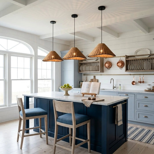 Oceania Small Rattan Pendant Light in Coastal Kitchen Island