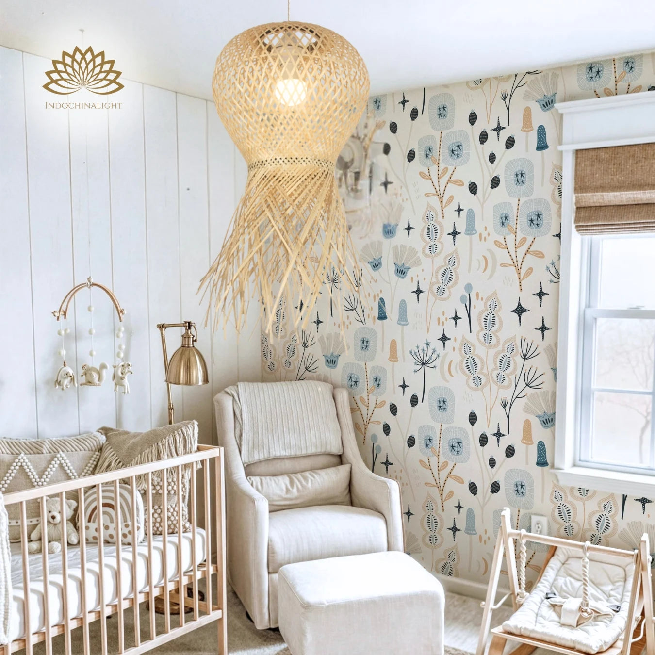One unique Geragur Tassel handwoven bamboo pendant light hangs in a cozy Scandinavian nursery featuring patterned wallpaper