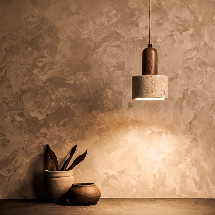Ora Travertine Stone and Wood Pendant Light