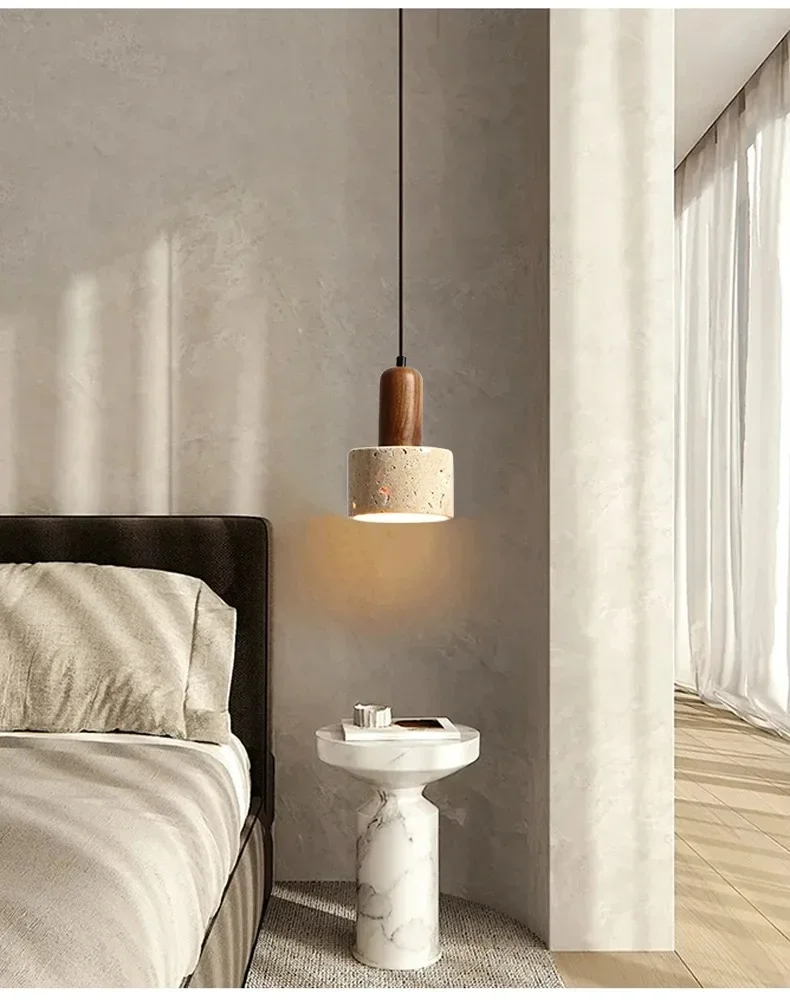 Ora Wabi Sabi Cylinder Travertine Stone Pendant Light over Bedside Table