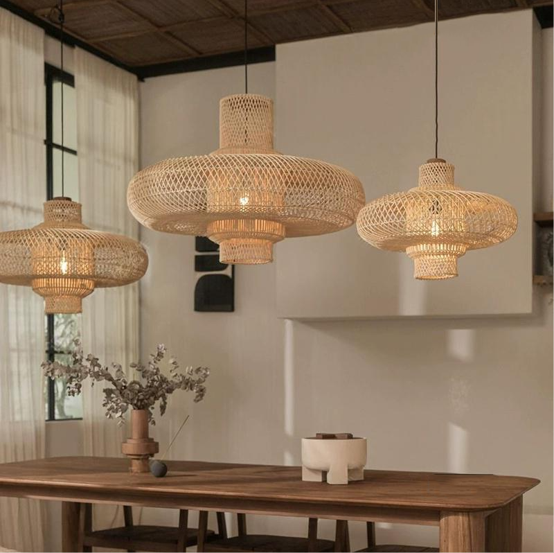 Organo Woven Bamboo Pendant Light above dining table