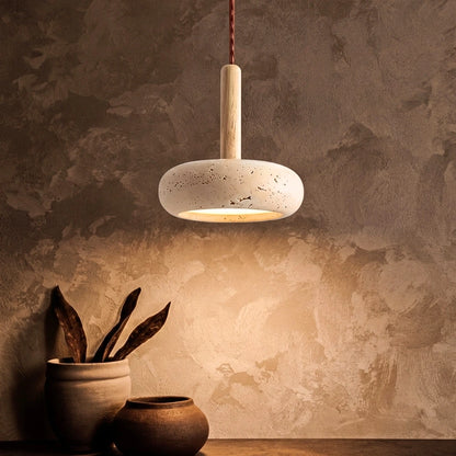 Osho Wabi Sabi Round Travertine Stone and Wood Pendant Light