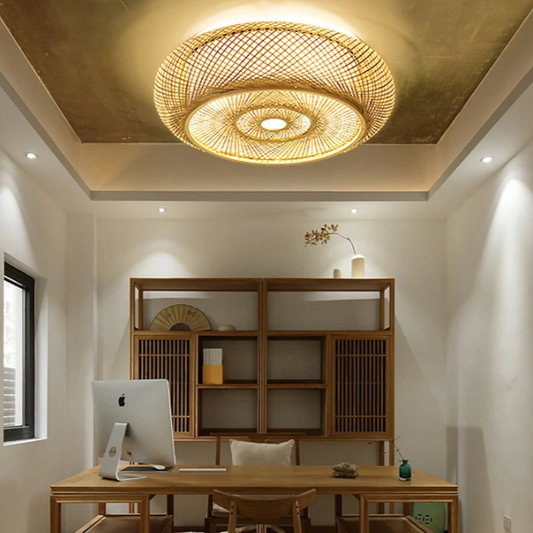 Oukaning Large Drum Bamboo Ceiling Light in dining room