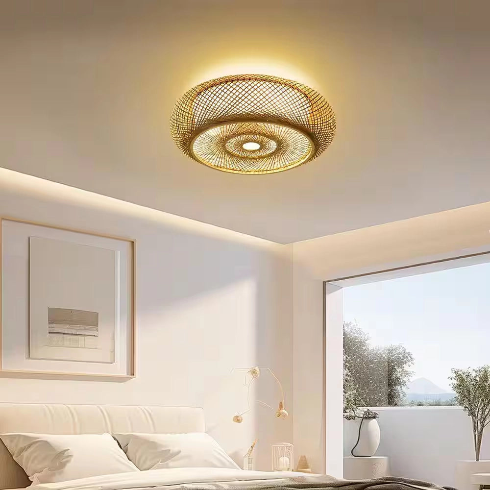 Oukaning Large Round Bamboo Light for Bedroom