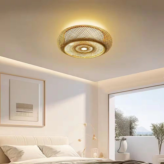 Oukaning Large Round Bamboo Light for Bedroom
