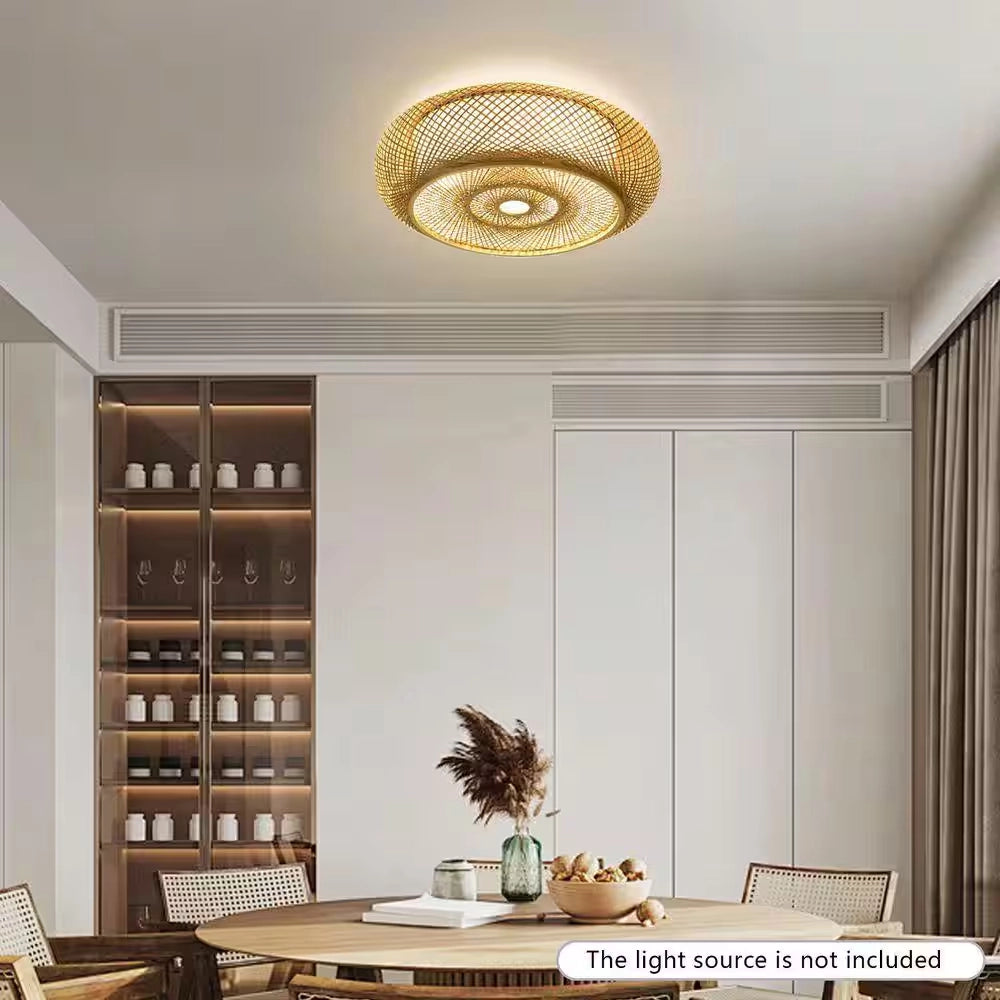 Oukaning Large Round Bamboo Light for Dining Room
