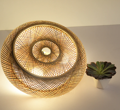 Oukaning Large Round Bamboo Pendant Light when Turn On Effect