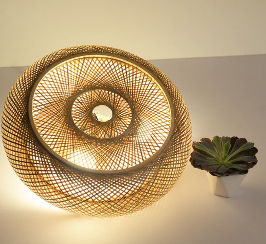 Oukaning Large Round Bamboo Pendant Light when Turn On Effect