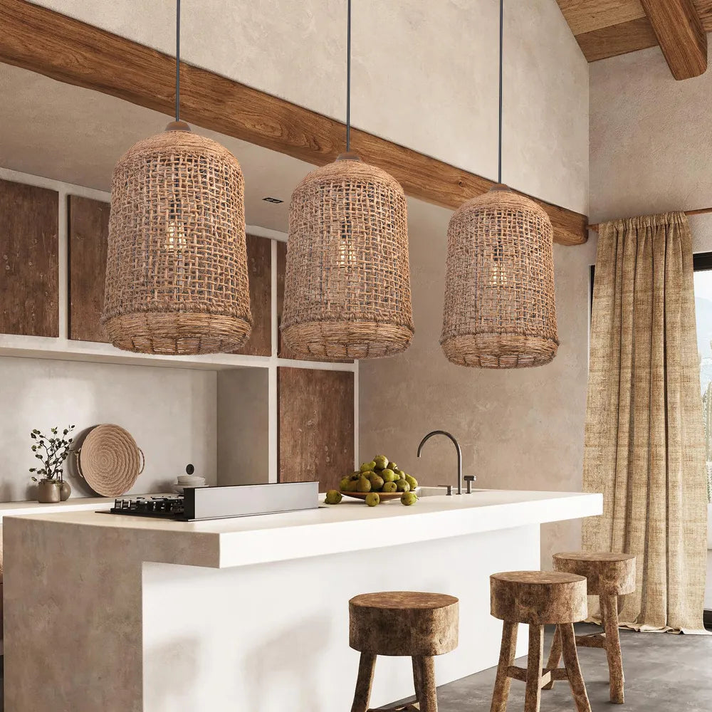 Oversized Cage Natural Woven Rattan Pendant Light over Kitchen Island
