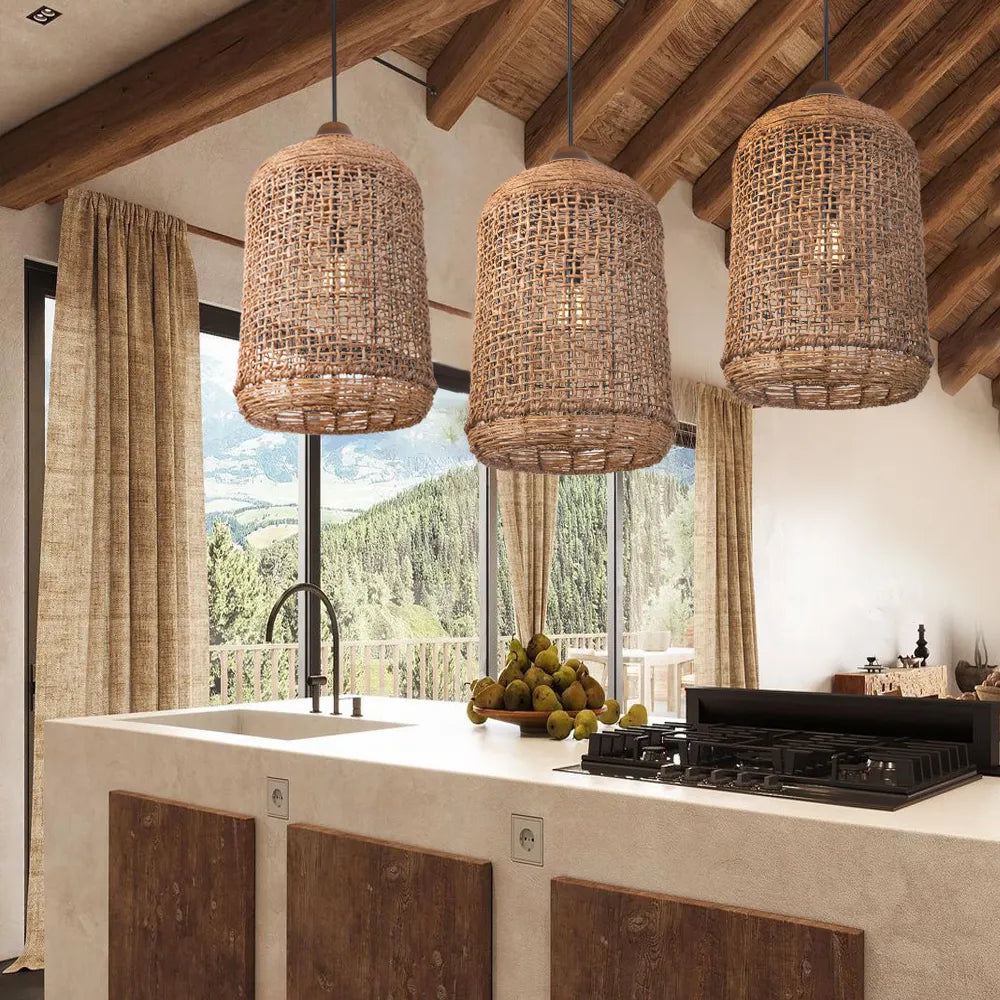 Oversized Cage Woven Pendant Light for Wabi Sabi Kitchen Island