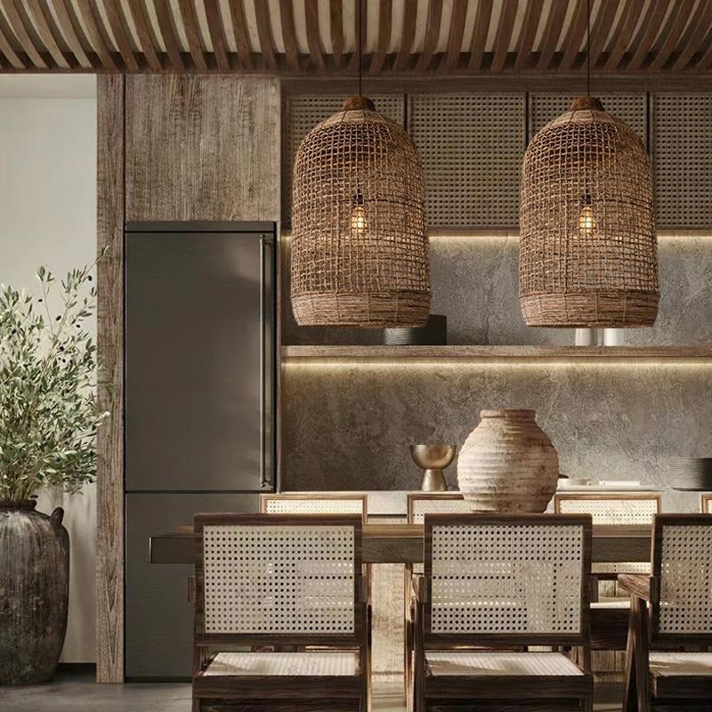 Oversized Cage Woven Pendant Light over Wabi Sabi Dining Room
