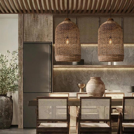 Oversized Cage Woven Pendant Light over Wabi Sabi Dining Room
