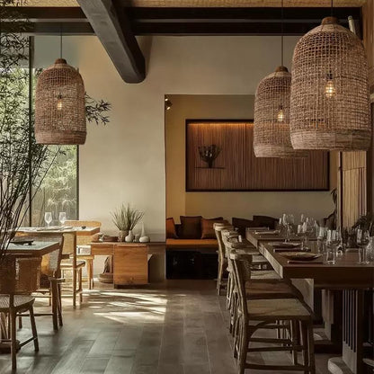 Oversized Cage Woven Pendant Lights over Restaurant Tables