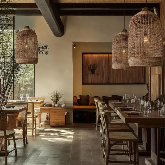 Oversized Cage Woven Pendant Lights over Restaurant Tables
