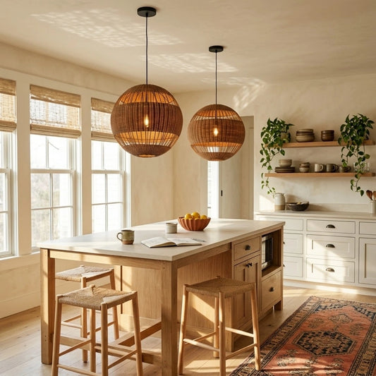 Palma Wicker Rattan Round Pendant Light in Boho Kitchen Island