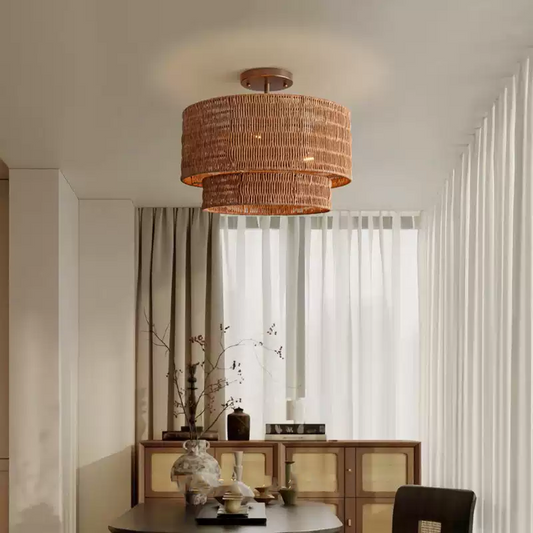 Paloma rattan double drum light for wabi sabi dining room