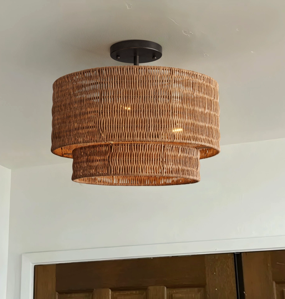 Paloma rattan double drum semi flush mount light