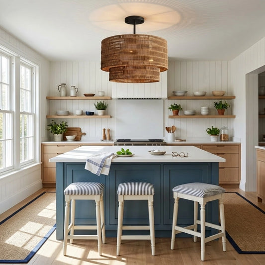 Paloma Wicker Rattan Double Drum Ceiling Light Semi Flush Mount in Coastal Kitchen Island