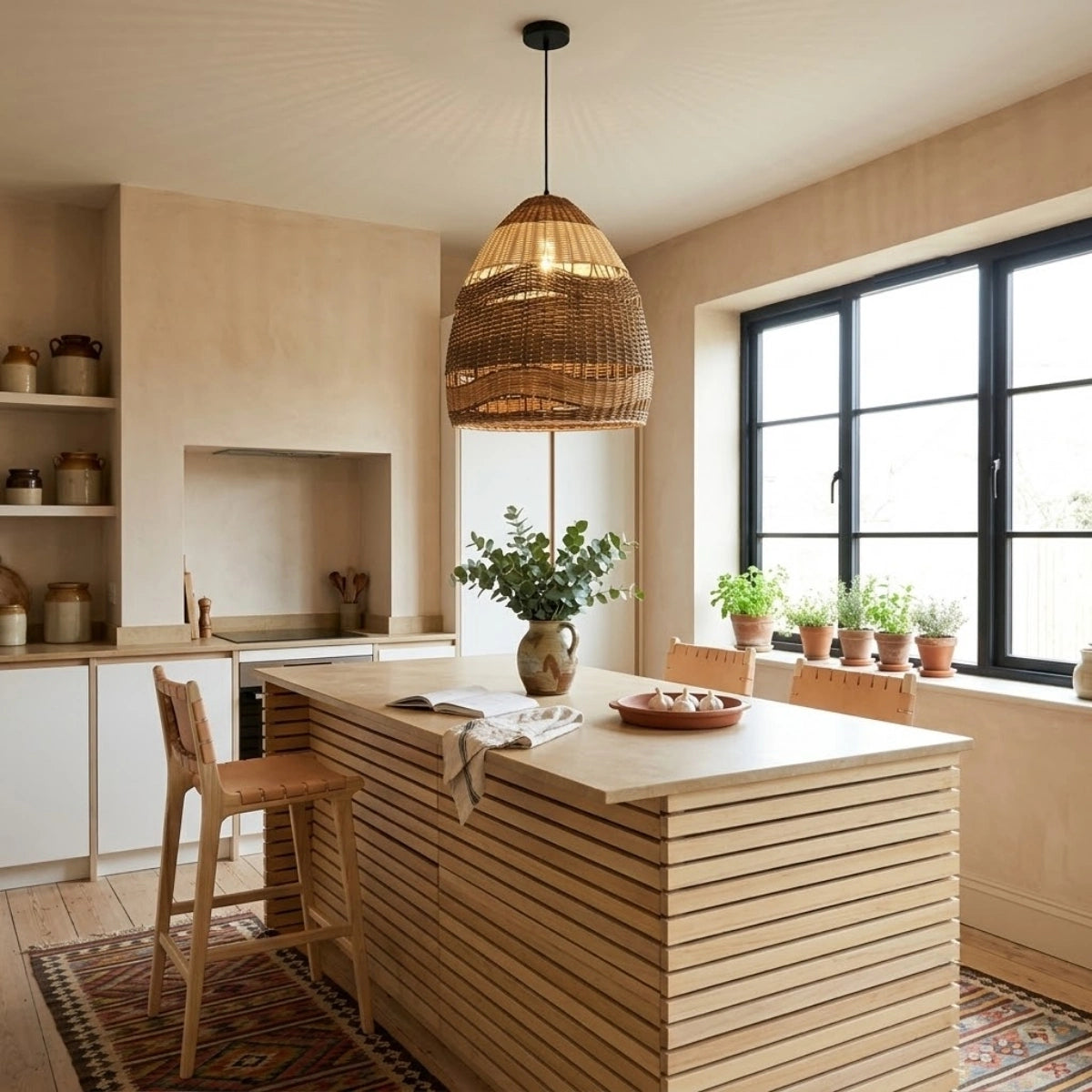 Pantalla Large Wicker Rattan Pendant Light in Boho Kitchen Island