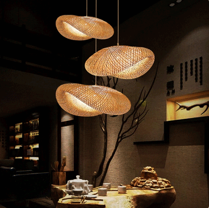 Pattranan Bamboo Pendant Light fixture in Wabi Sabi dining room