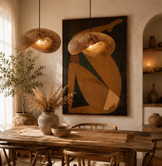 Pattranan Wabi Sabi Bamboo Woven Pendant Light over the dining room