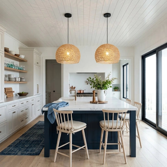 Peynir Rattan Basket Pendant Light Small in Coastal Kitchen Island