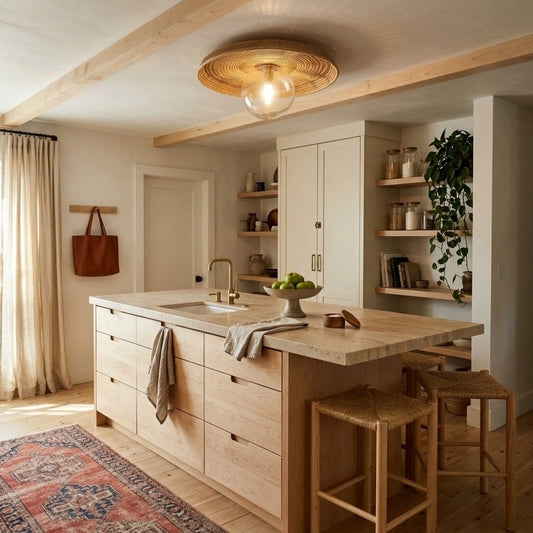 Plato Boho Small Rattan Ceiling Flush Mount in Boho Kitchen Island