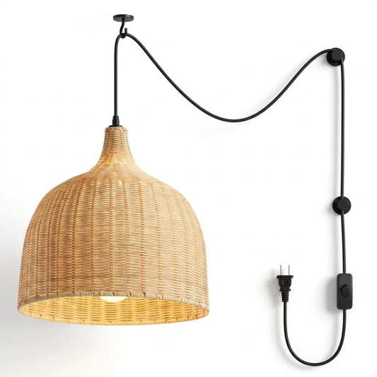 Plug-in Allen and Roth Wicker Rattan Bell Basket Pendant Light