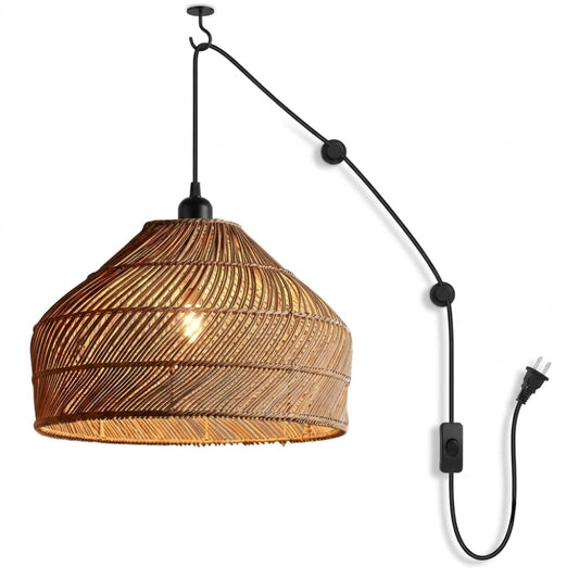 Plug-in Cocoa Dome Rattan Pendant Light Over Farmhouse Kitchen Island