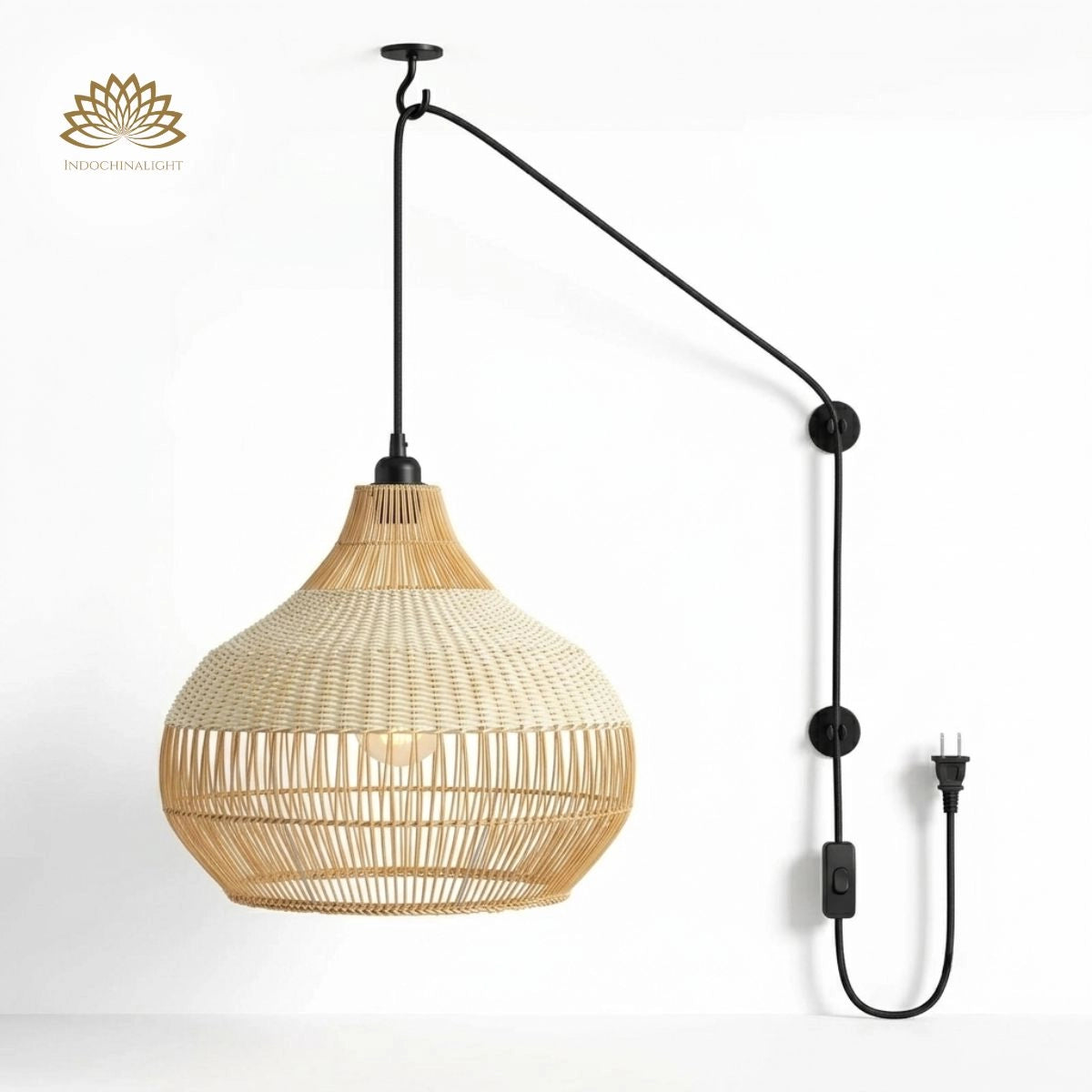 Plug-in Option of Beatrice Boho White Dome Basket Rattan Pendant Light