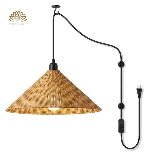 Plug-in Option of Carter Cone Woven Wicker Rattan Pendant Light