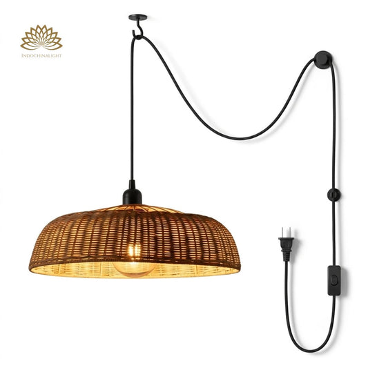Plug-in Option of Chinesque Dome Woven Rattan Pendant Light