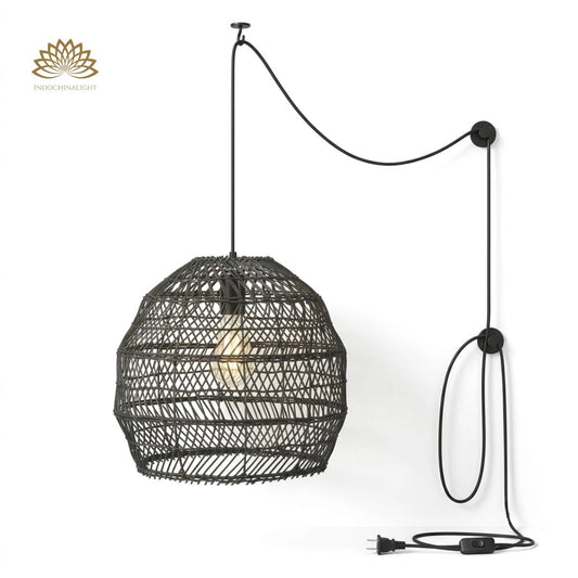 Plug-in Option of WalmHomie Black Wicker Rattan Pendant Light