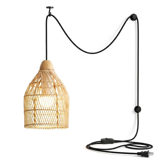 Plug-in Stylish Small Rattan Basket Pendant Light Shade