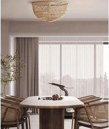 Pottery Barn Dome Rattan Ceiling Light for Wabi Sabi Dining Table