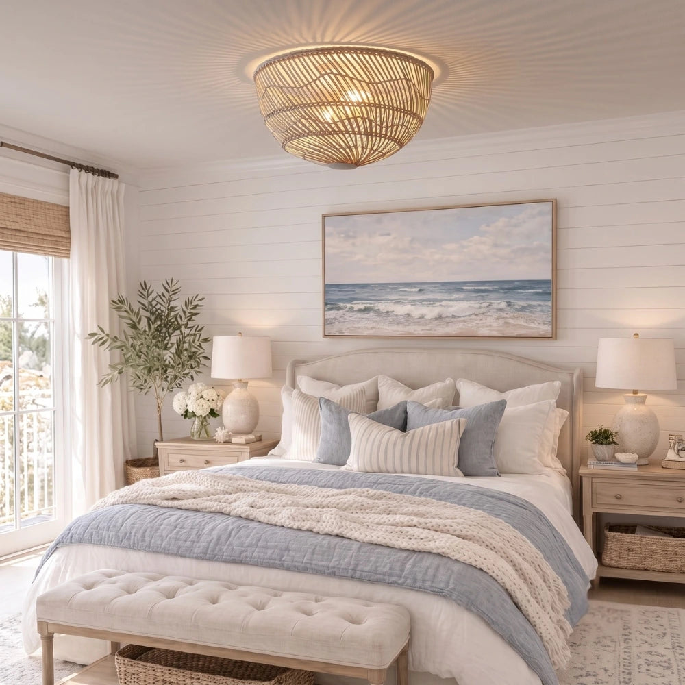 Pottery Barn Large Dome Rattan Ceiling Light over Coastal Bedroom