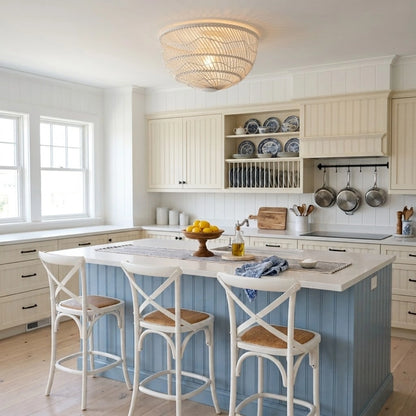 Pottery Barn White Dome Rattan Light Fixture in Coastal Kitchen Island