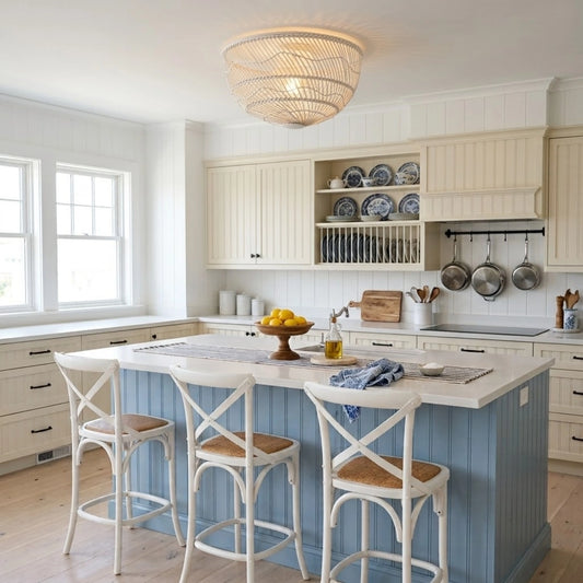 Pottery Barn White Dome Rattan Light Fixture in Coastal Kitchen Island