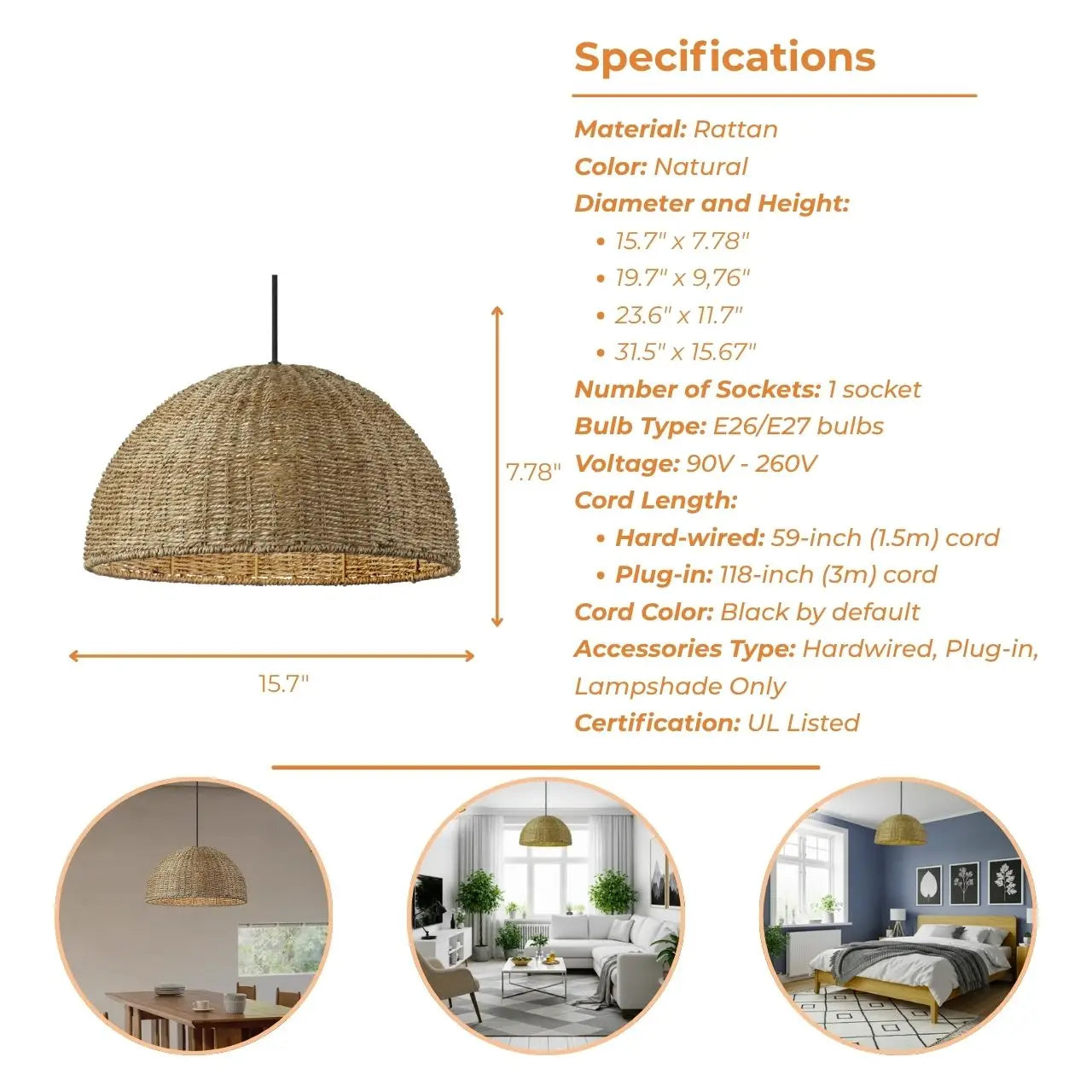 Pourel Dome Wicker Pendant Light's specifications