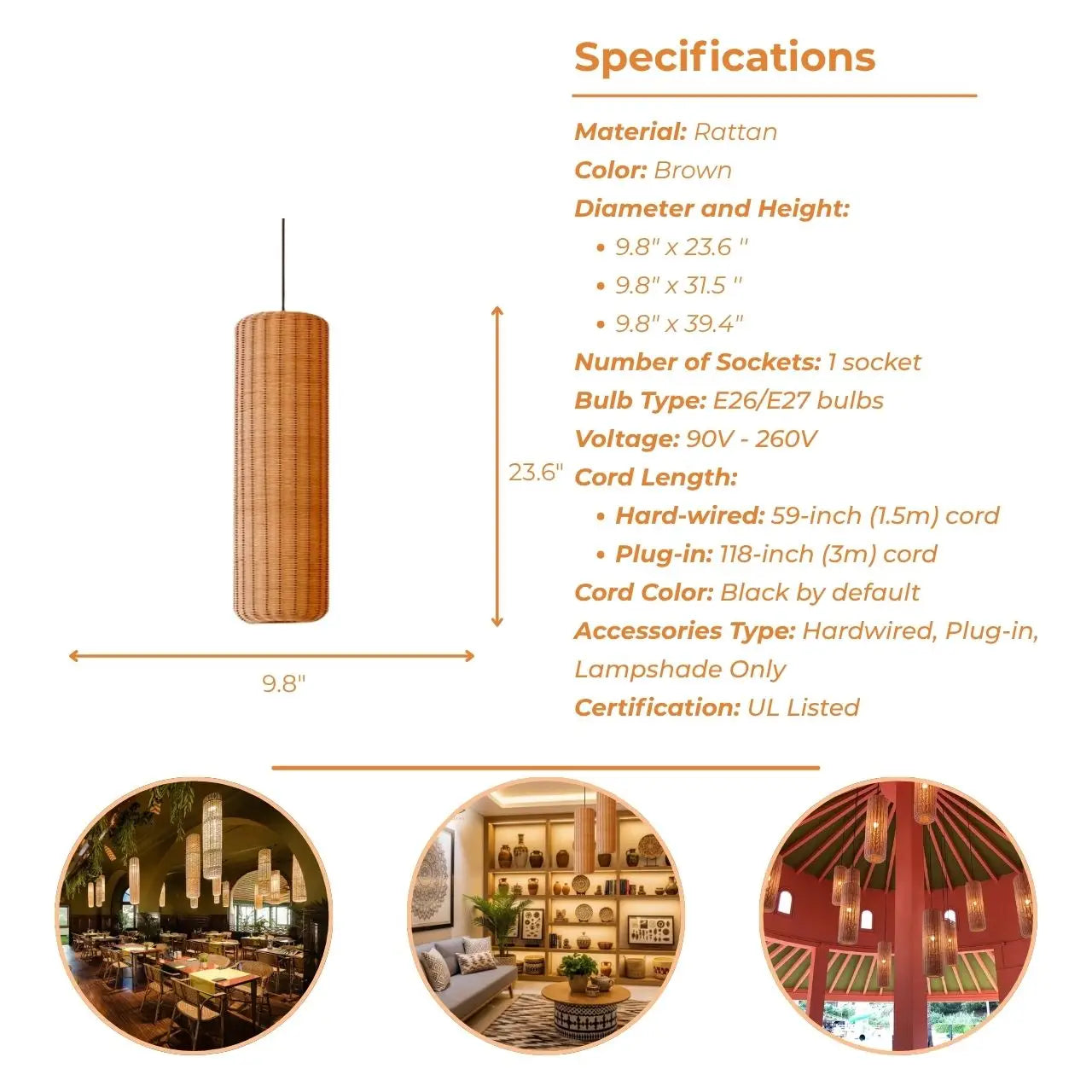 Punna Cylinder Wicker Pendant Light's specifications