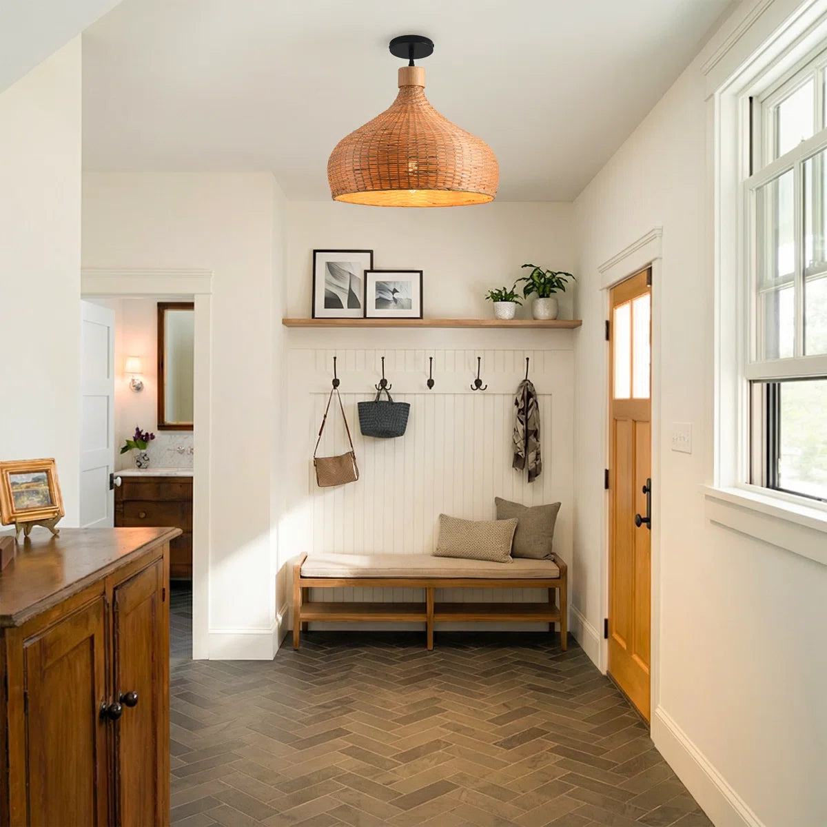 Rasa Bamboo Wicker Dome Pendant Light for Boho Entryway