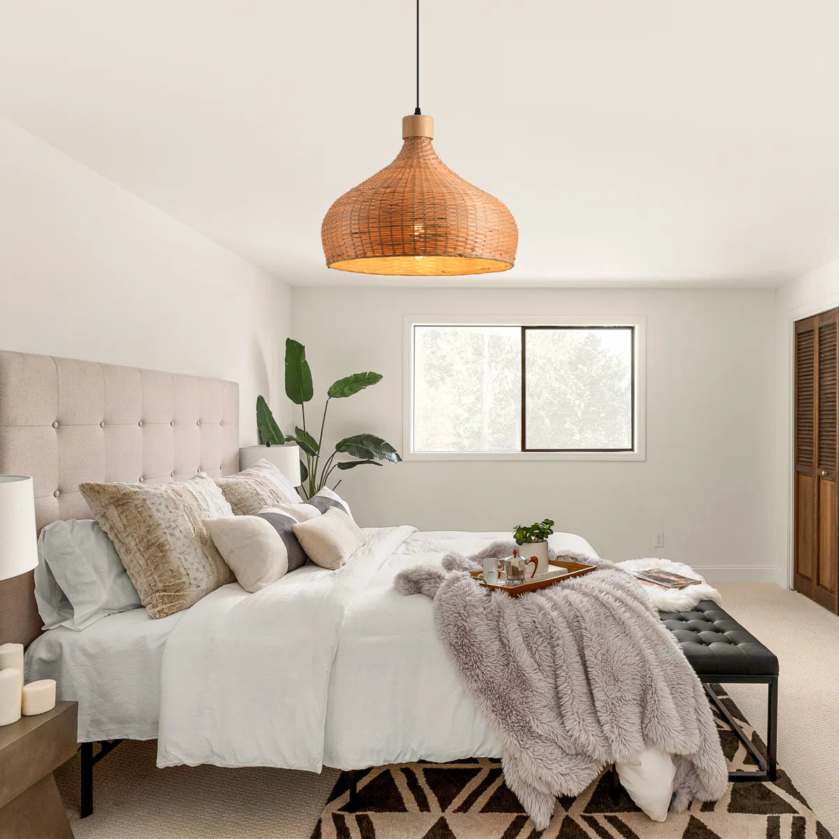 Rasa Bamboo Wicker Dome Pendant Light for Modern Farmhouse Bedroom