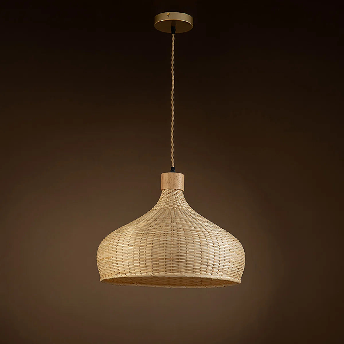 Rasa Bamboo Wicker Dome Pendant Light with Wooden Canopy when turn off