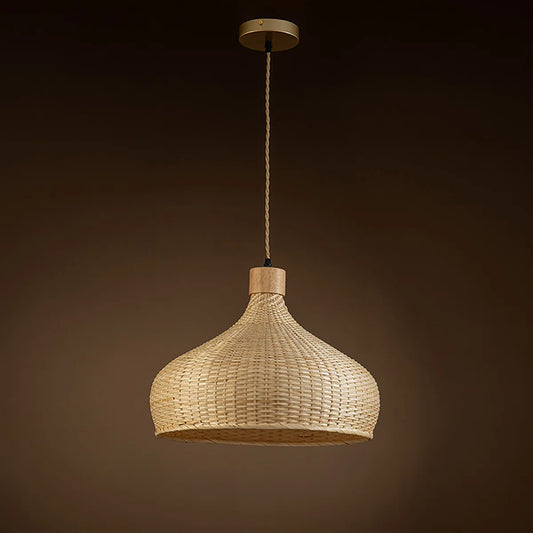 Rasa Bamboo Wicker Dome Pendant Light with Wooden Canopy when turn off