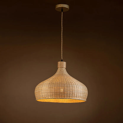 Rasa Bamboo Wicker Dome Pendant Light with Wooden Canopy when Turn on