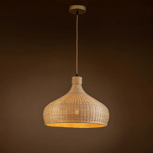 Rasa Bamboo Wicker Dome Pendant Light with Wooden Canopy when Turn on
