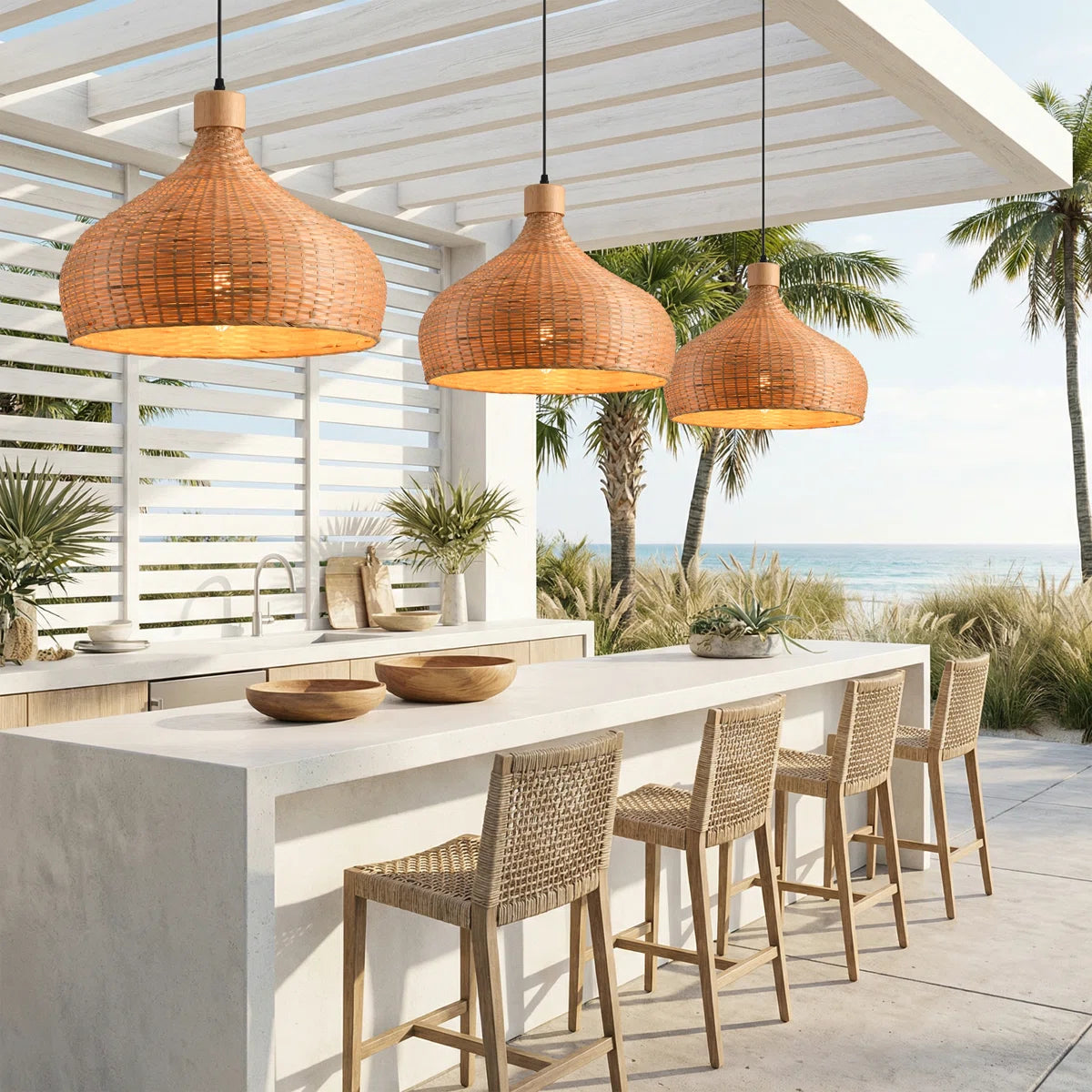 Rasa Wicker Dome Pendant Light for Outdoor Coastal Kitchen Island